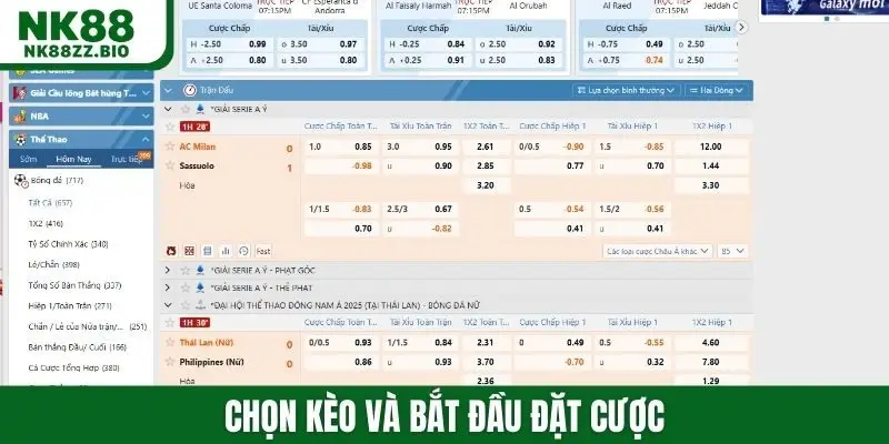 Chọn kèo và bắt đầu đặt cược