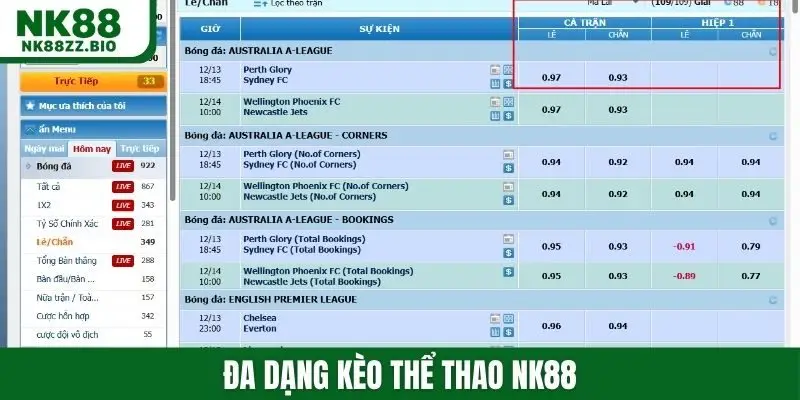 Đa dạng kèo thể thao NK88