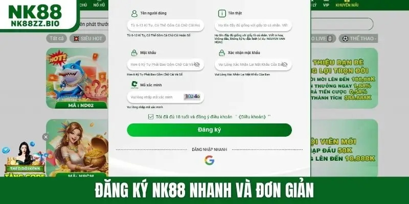 Đăng ký NK88 nhanh và đơn giản