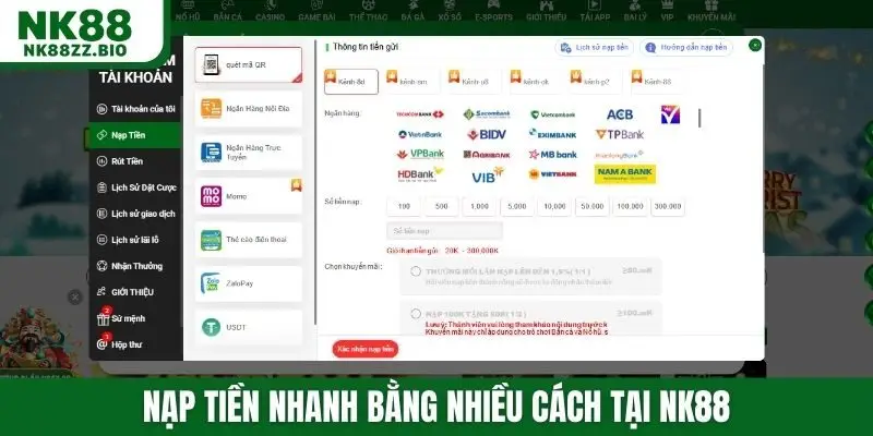Nạp tiền nhanh bằng nhiều cách tại NK88