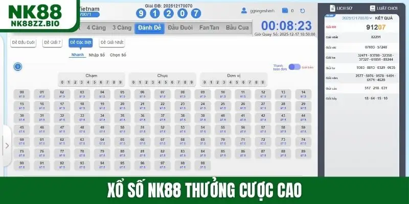 Xổ số NK88 thưởng cược cao